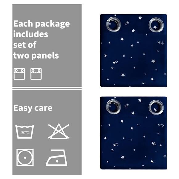 Kids Blackout Curtains Set 52x63 Navy Blue Silver Stars Insulated Darkening New - Picture 8 of 9